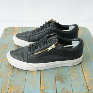 Vans Womens Old Skool Sneakers Low Top Black Leather Gold Size Zip Lace Up Sz 9